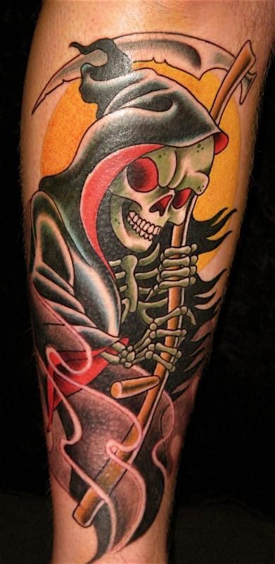 Colorful grim reaper tattoo on leg - Tattooimages.biz